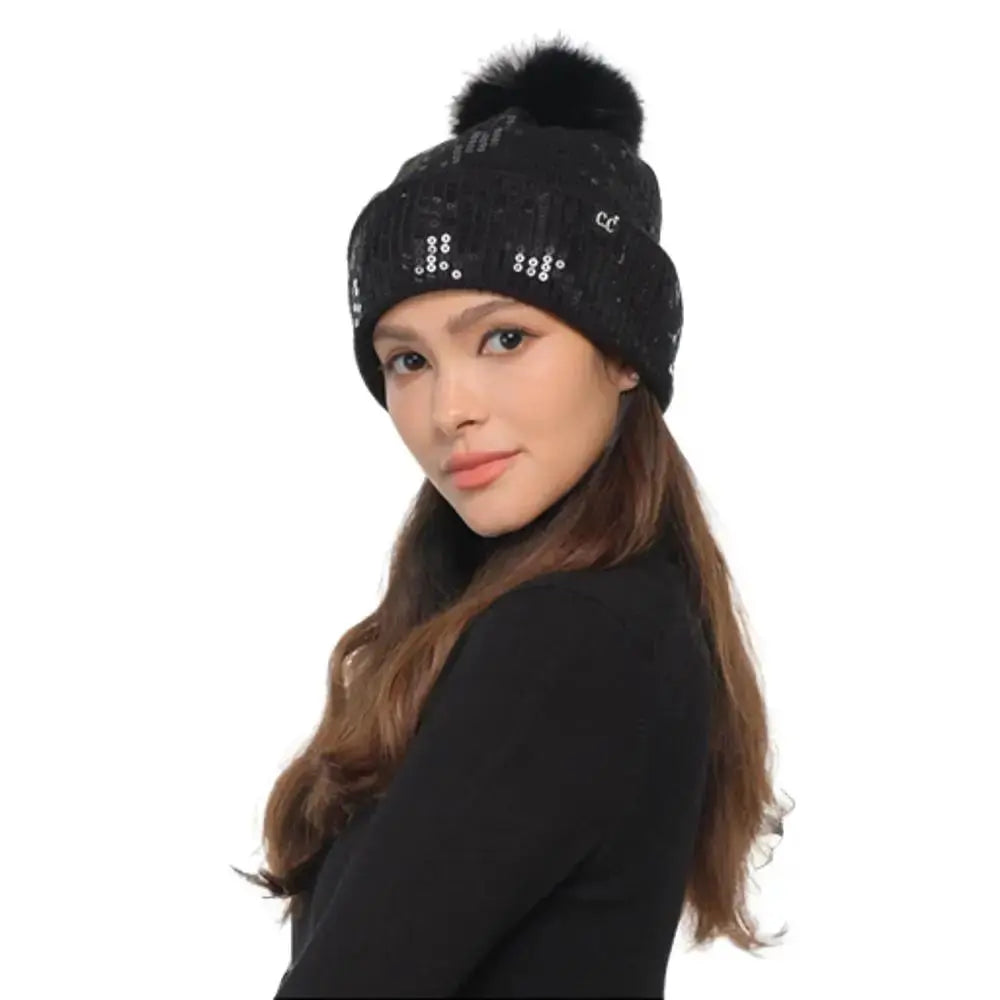 C.C Clear Sequin Cuff Pom Beanie