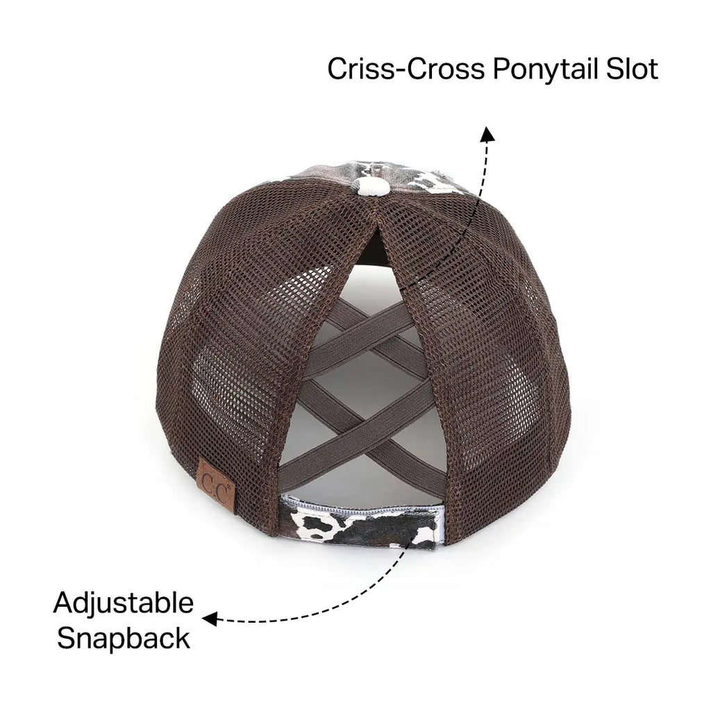 C.C Distressed Cow Print Criss-Cross Ponytail Baseball Cap