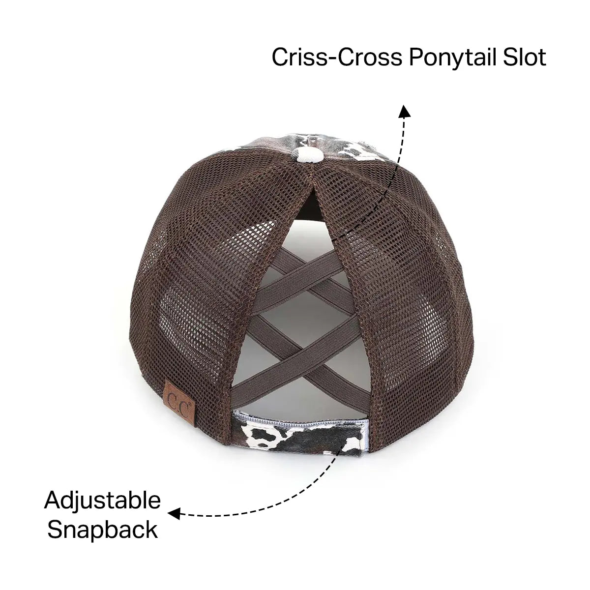 C.C Distressed Cow Print Criss-Cross Ponytail Baseball Cap