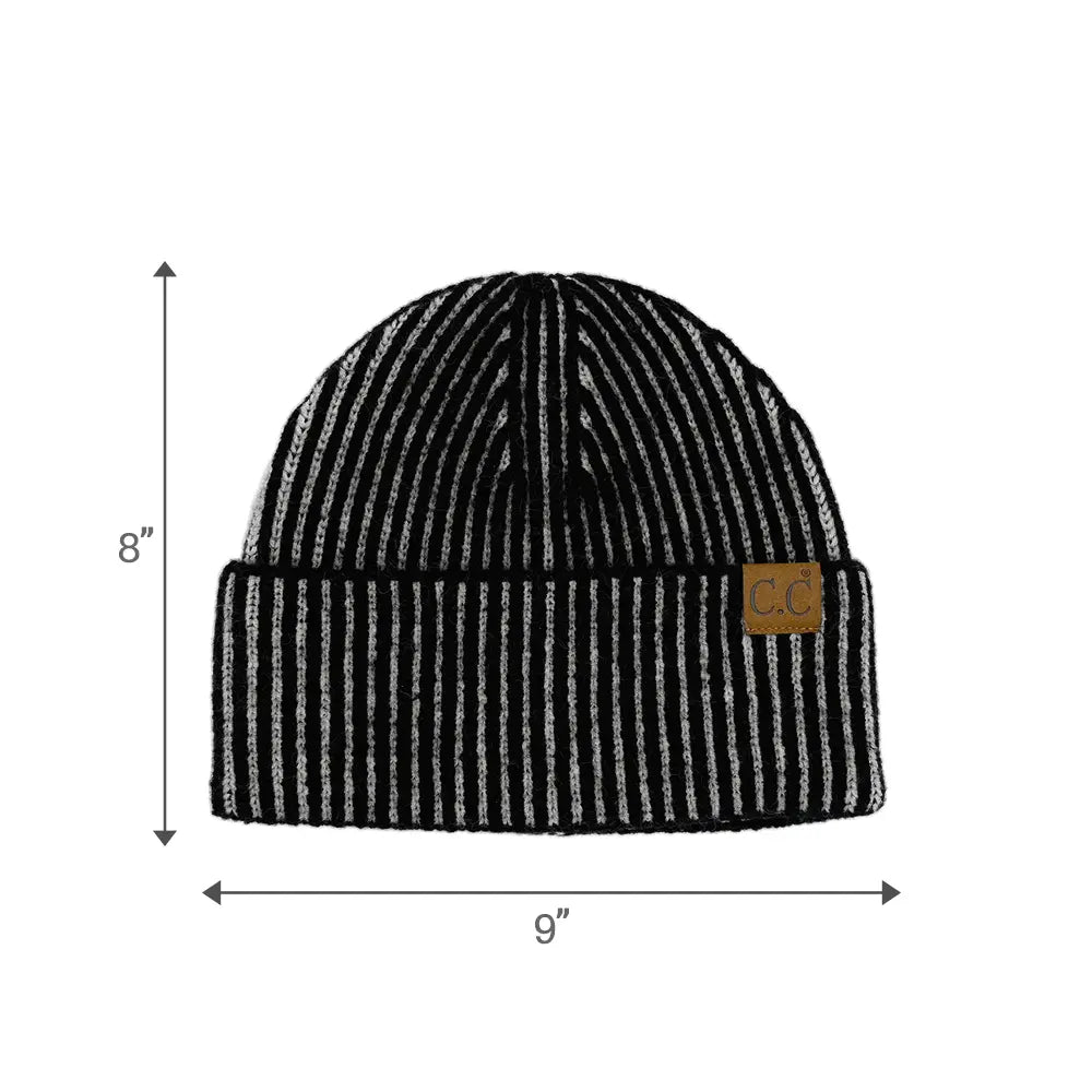 C.C Contrast Color Stripe Ribbed Knit Cuff Beanie