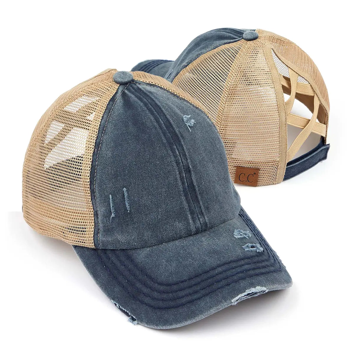Distressed Criss-Cross Ponytail Cap
