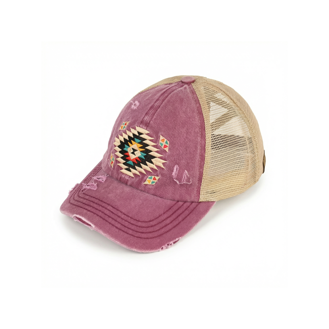 Criss-Cross Ponytail Cap with Distressed Aztec Patch for Women