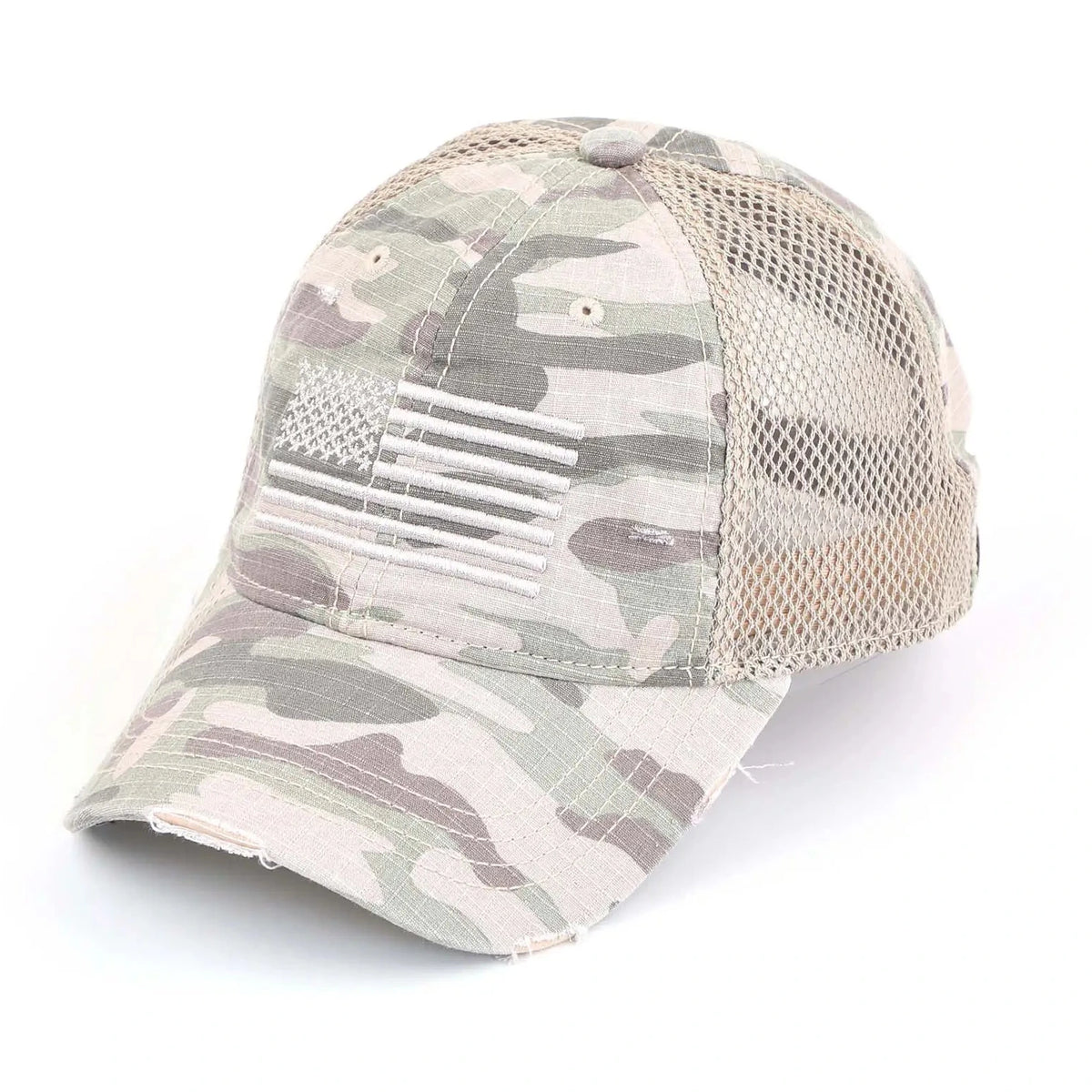 Camouflage trucker hat with mesh back on a white background