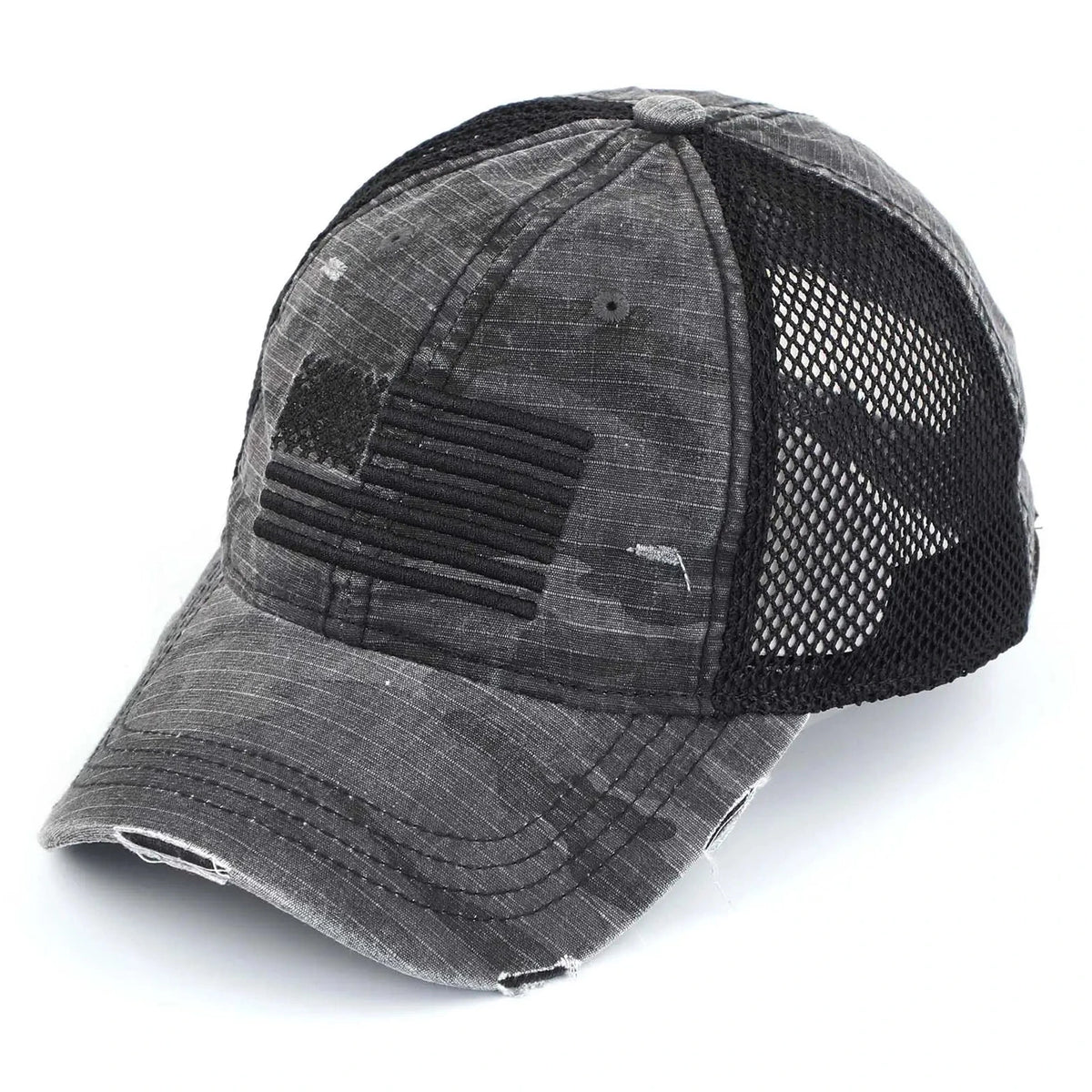 Gray and black cap with mesh back on a white background
