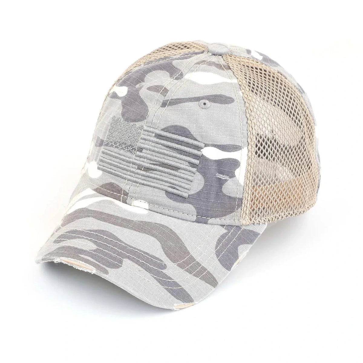 Camouflage-patterned trucker hat with beige mesh back on a white background