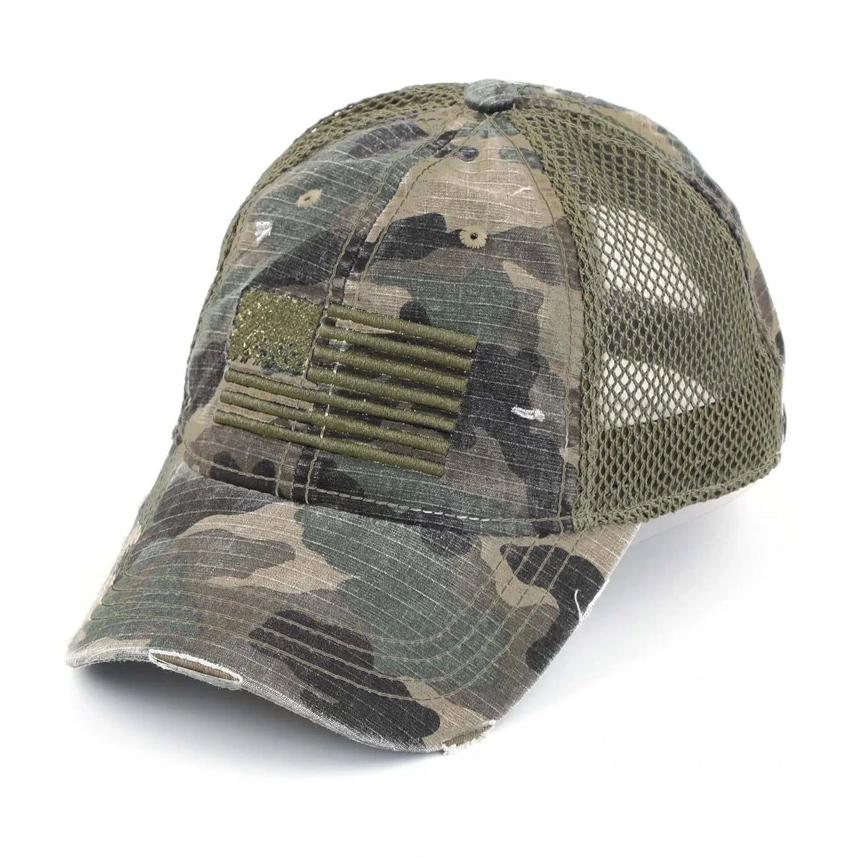 Camouflage baseball cap with mesh back on a white background