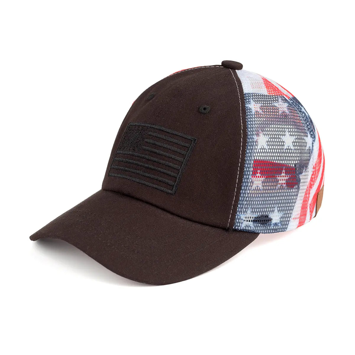 Baseball cap with American flag design on a white background