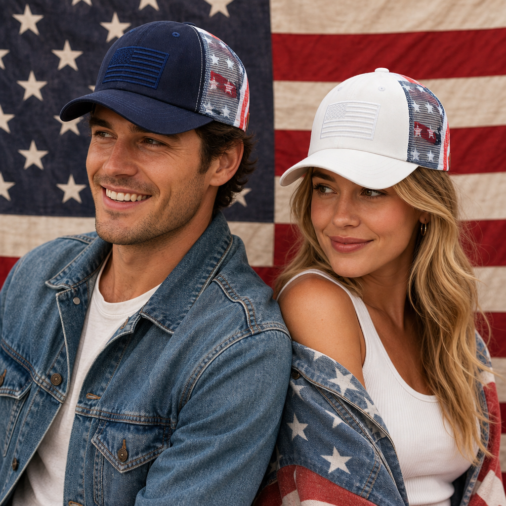 Man and woman wearing American flag-themed hats in front of an American flag background