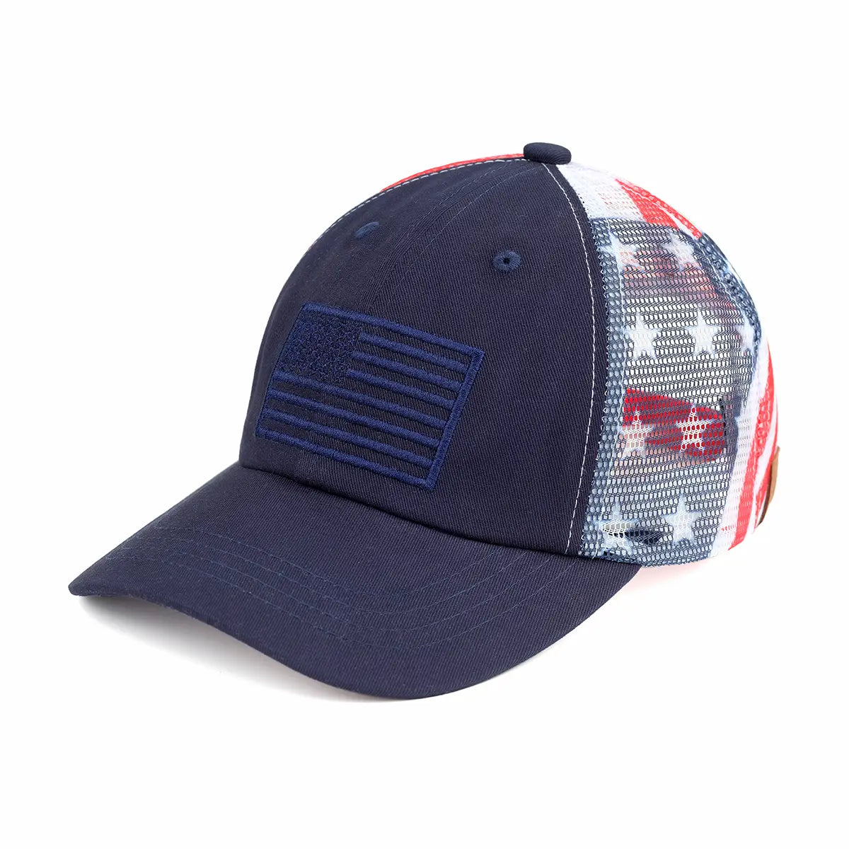 Navy blue cap with American flag design on a white background
