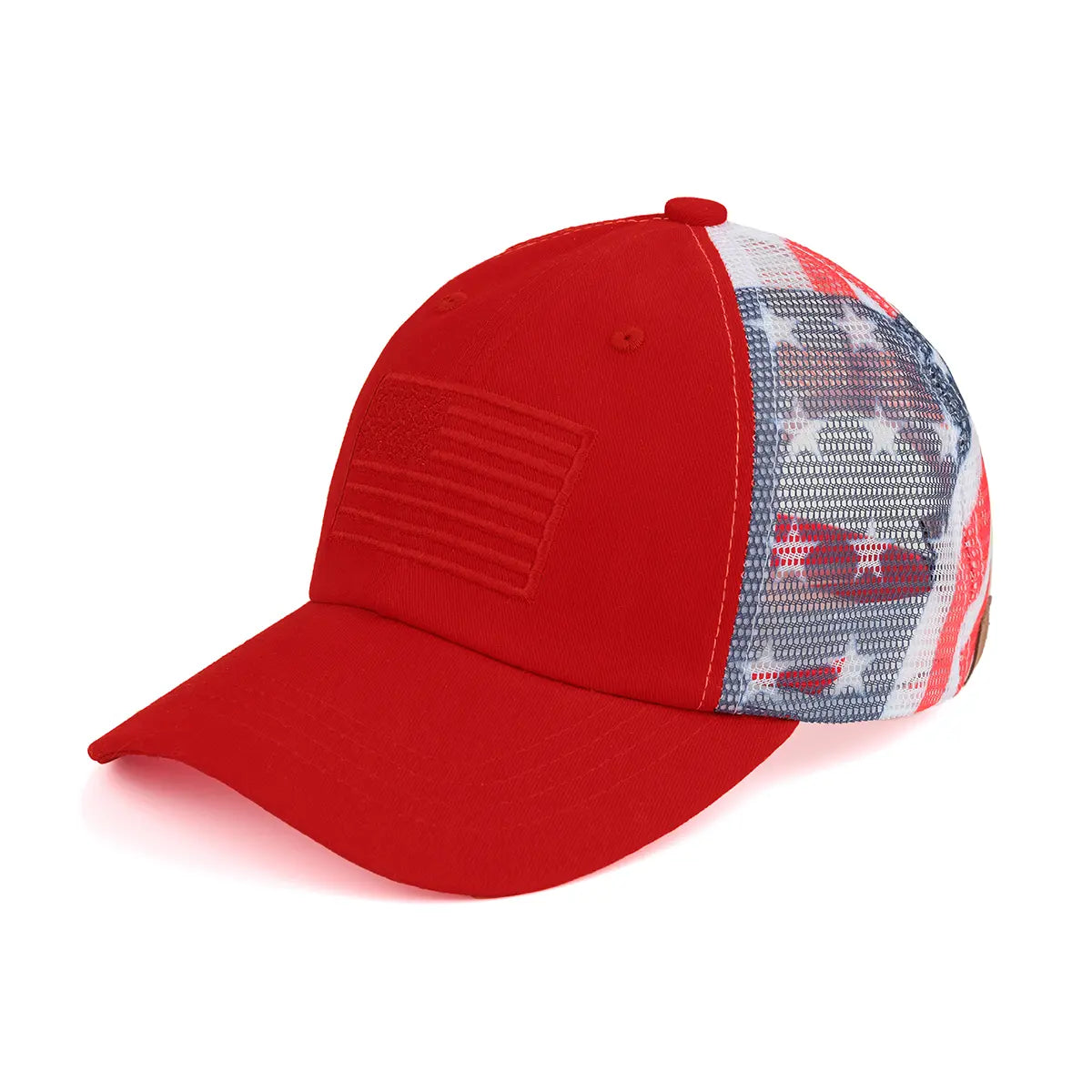 Red baseball cap with American flag design on a white background
