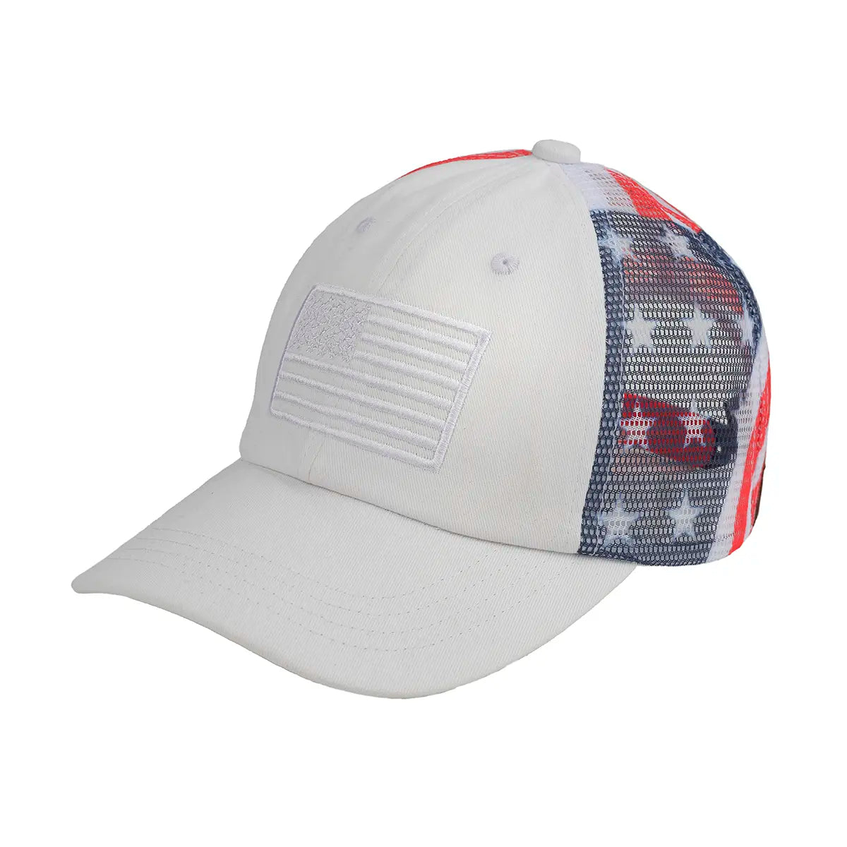 White cap with American flag design on a white background