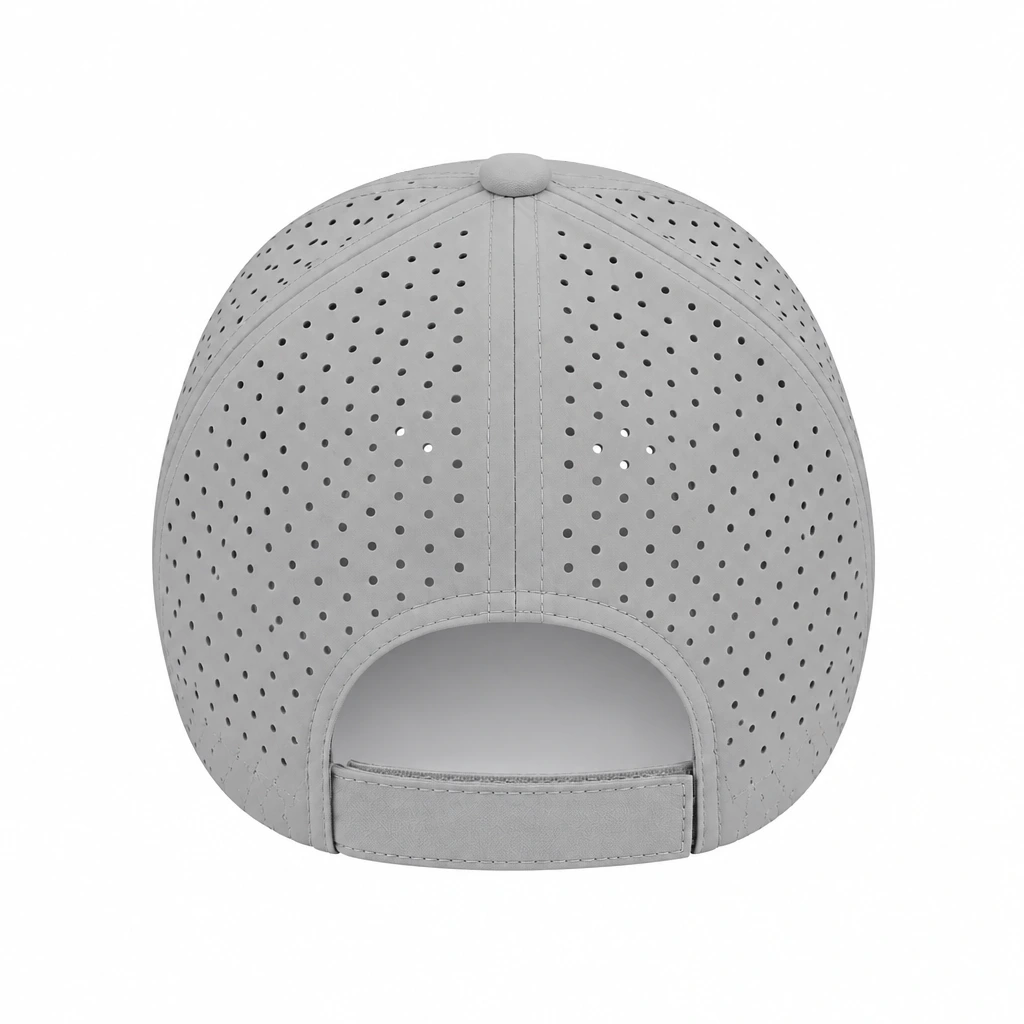 The back view of a light gray baseball cap with a perforated design on the crown and an adjustable strap at the bottom.