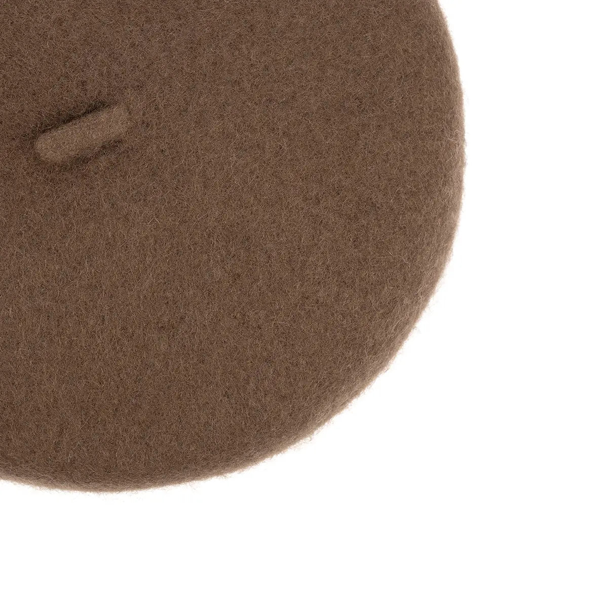Close-up of a brown felt beret hat showing the texture and a small tab detail on a plain white background.