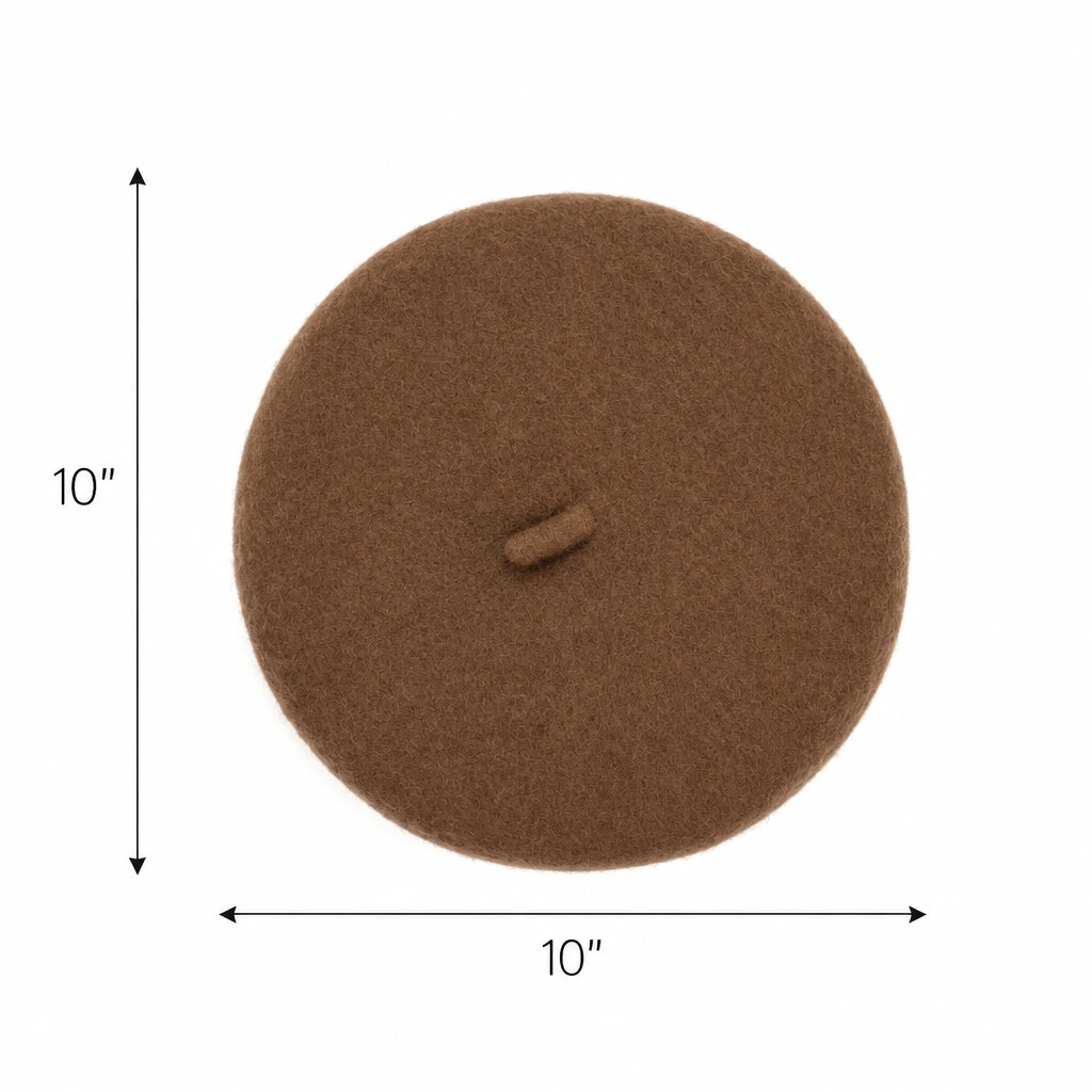 A brown felt or wool circular hat shown from above on a white background, with black dimension arrows and text indicating a 10 by 10 inch size.