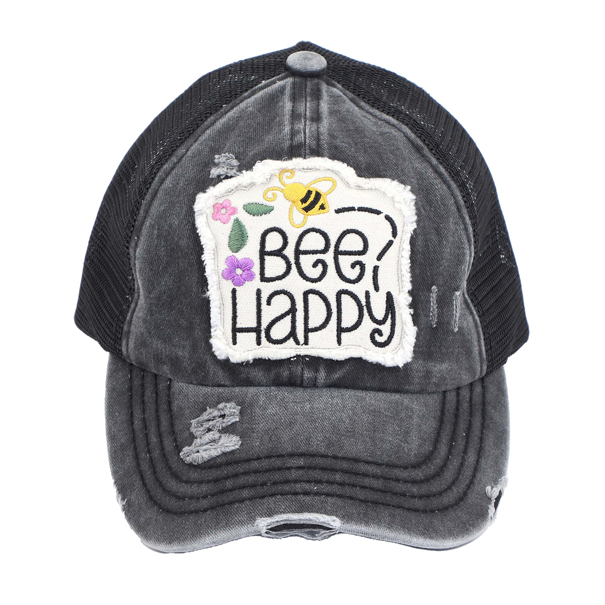 C.C Distressed Bee Happy Patch Criss-Cross Ponytail Baseball Hat