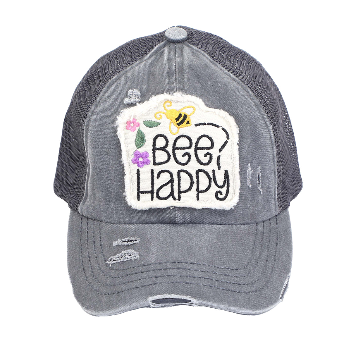 C.C Distressed Bee Happy Patch Criss-Cross Ponytail Baseball Hat