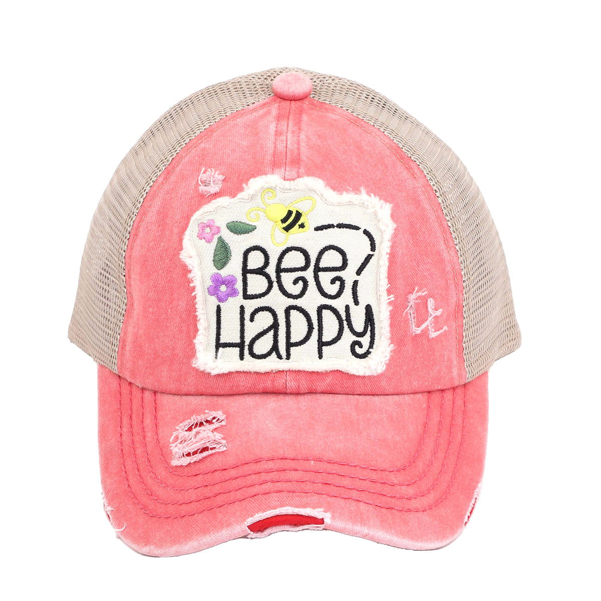 C.C Distressed Bee Happy Patch Criss-Cross Ponytail Baseball Hat