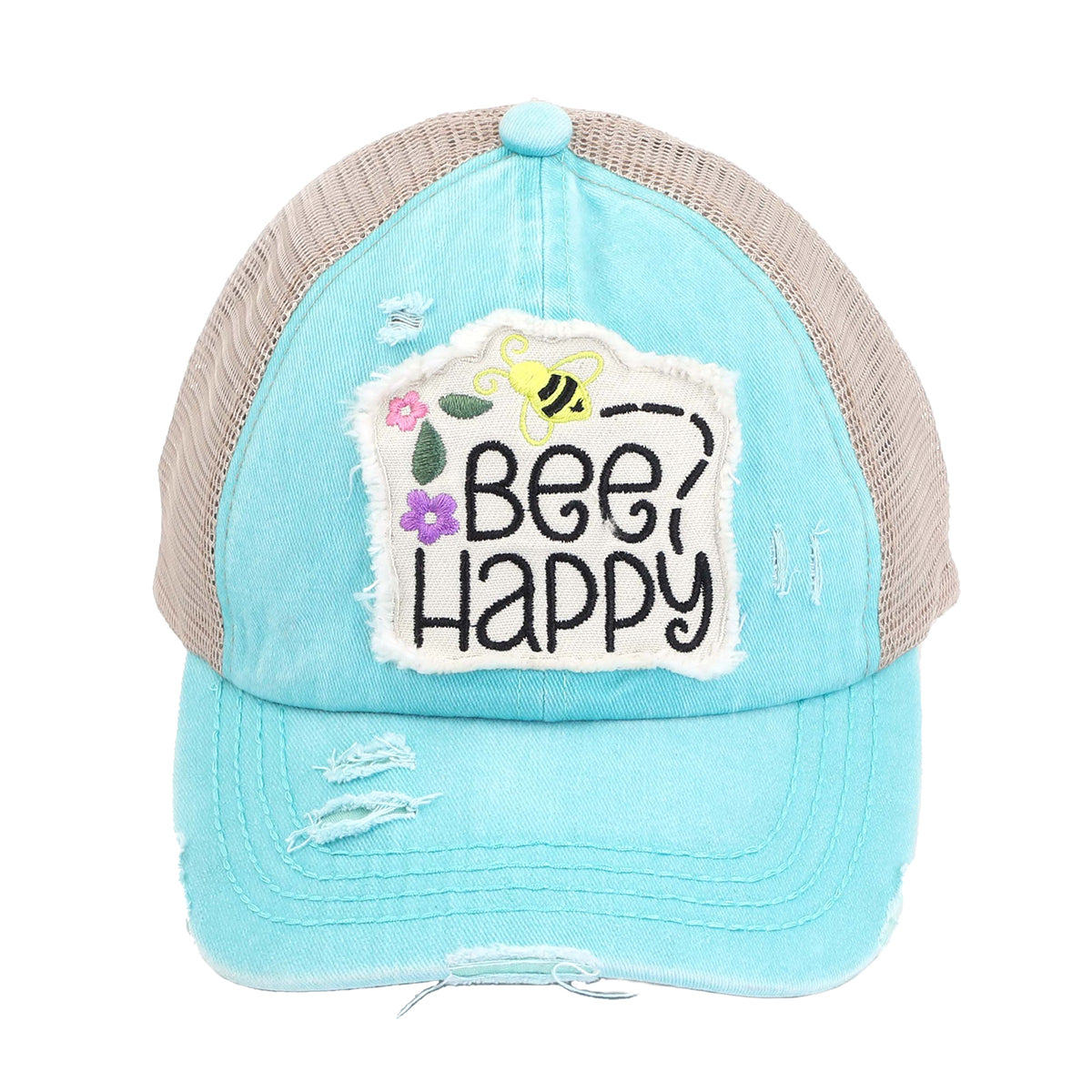 C.C Distressed Bee Happy Patch Criss-Cross Ponytail Baseball Hat