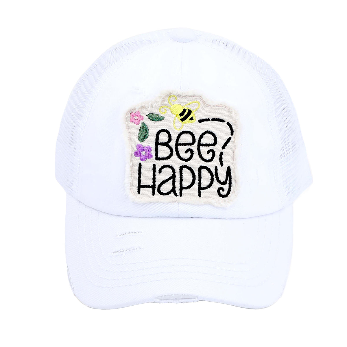C.C Distressed Bee Happy Patch Criss-Cross Ponytail Baseball Hat