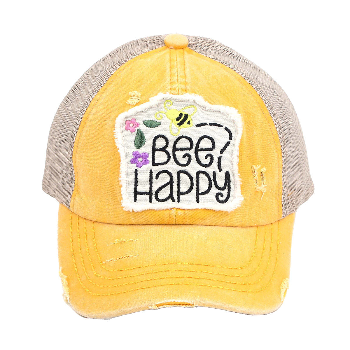 C.C Distressed Bee Happy Patch Criss-Cross Ponytail Baseball Hat