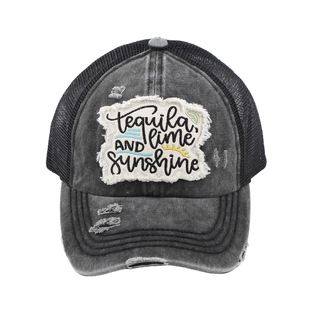 C.C Distressed Tequila, Lime, and Sunshine Patch Criss-Cross Ponytail Baseball Hat
