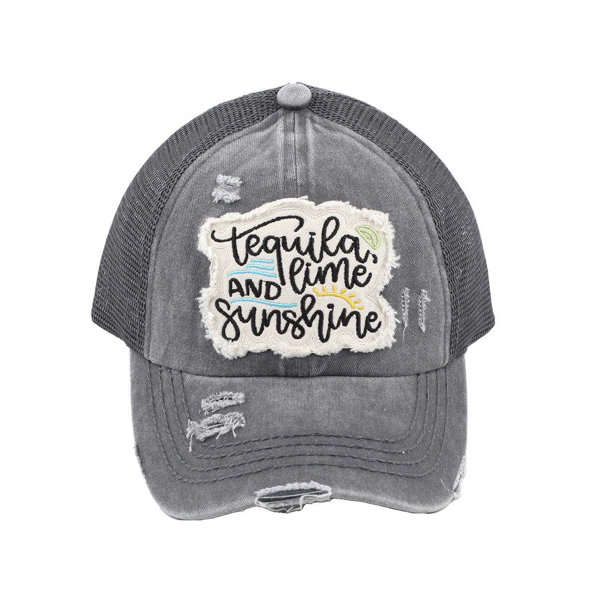 C.C Distressed Tequila, Lime, and Sunshine Patch Criss-Cross Ponytail Baseball Hat