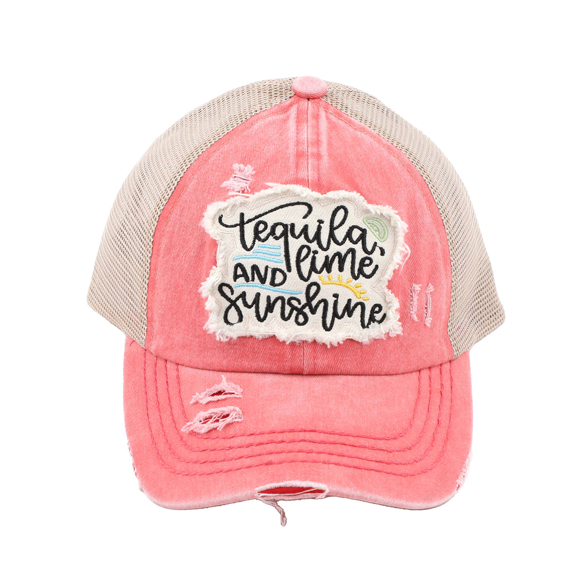 C.C Distressed Tequila, Lime, and Sunshine Patch Criss-Cross Ponytail Baseball Hat