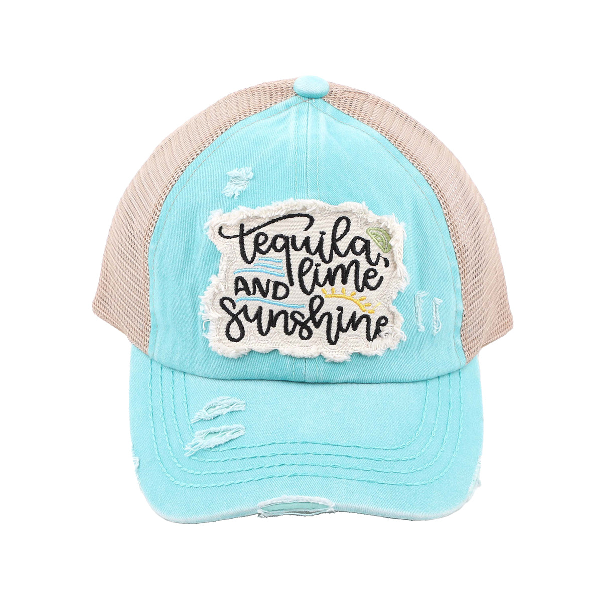C.C Distressed Tequila, Lime, and Sunshine Patch Criss-Cross Ponytail Baseball Hat