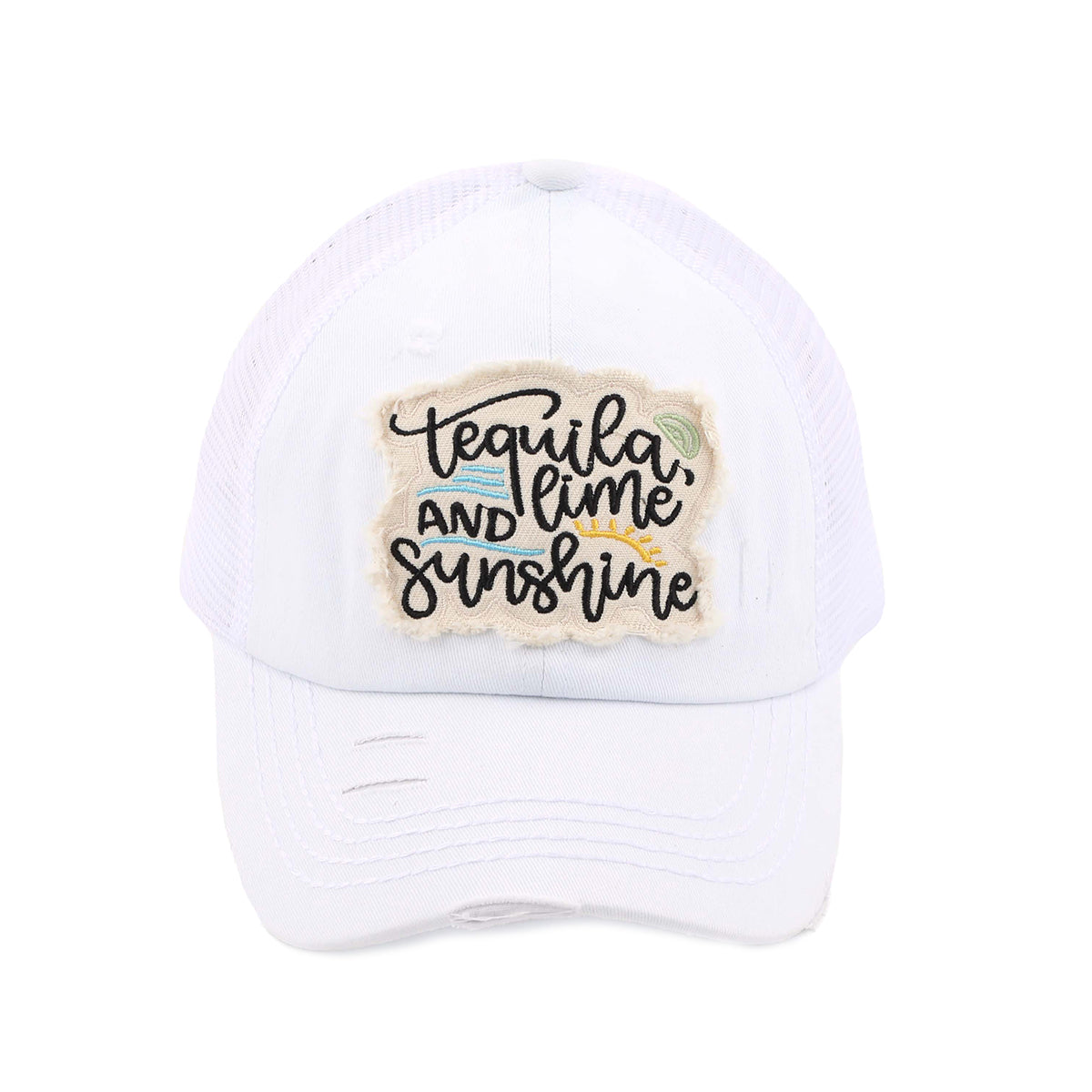 C.C Distressed Tequila, Lime, and Sunshine Patch Criss-Cross Ponytail Baseball Hat