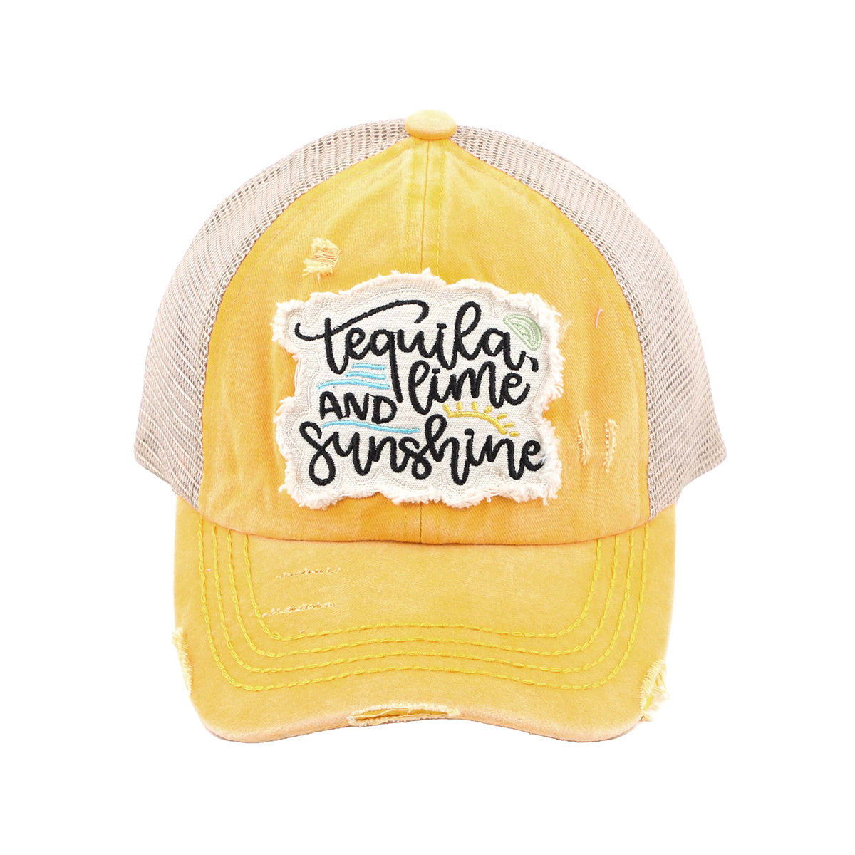 C.C Distressed Tequila, Lime, and Sunshine Patch Criss-Cross Ponytail Baseball Hat
