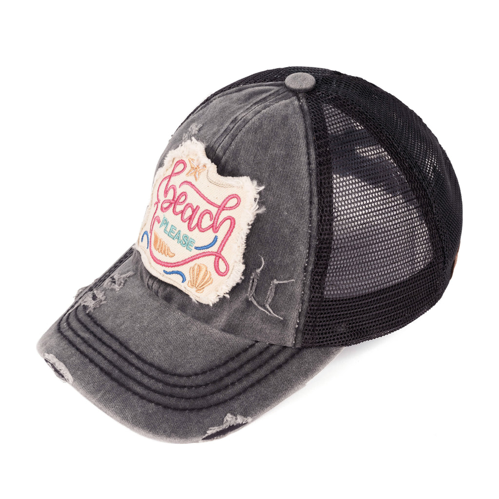C.C Distressed Beach Please Embroidered Patch Criss-Cross Ponytail Hat