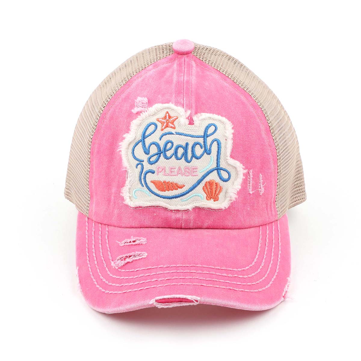 C.C Distressed Beach Please Embroidered Patch Ponytail Cap