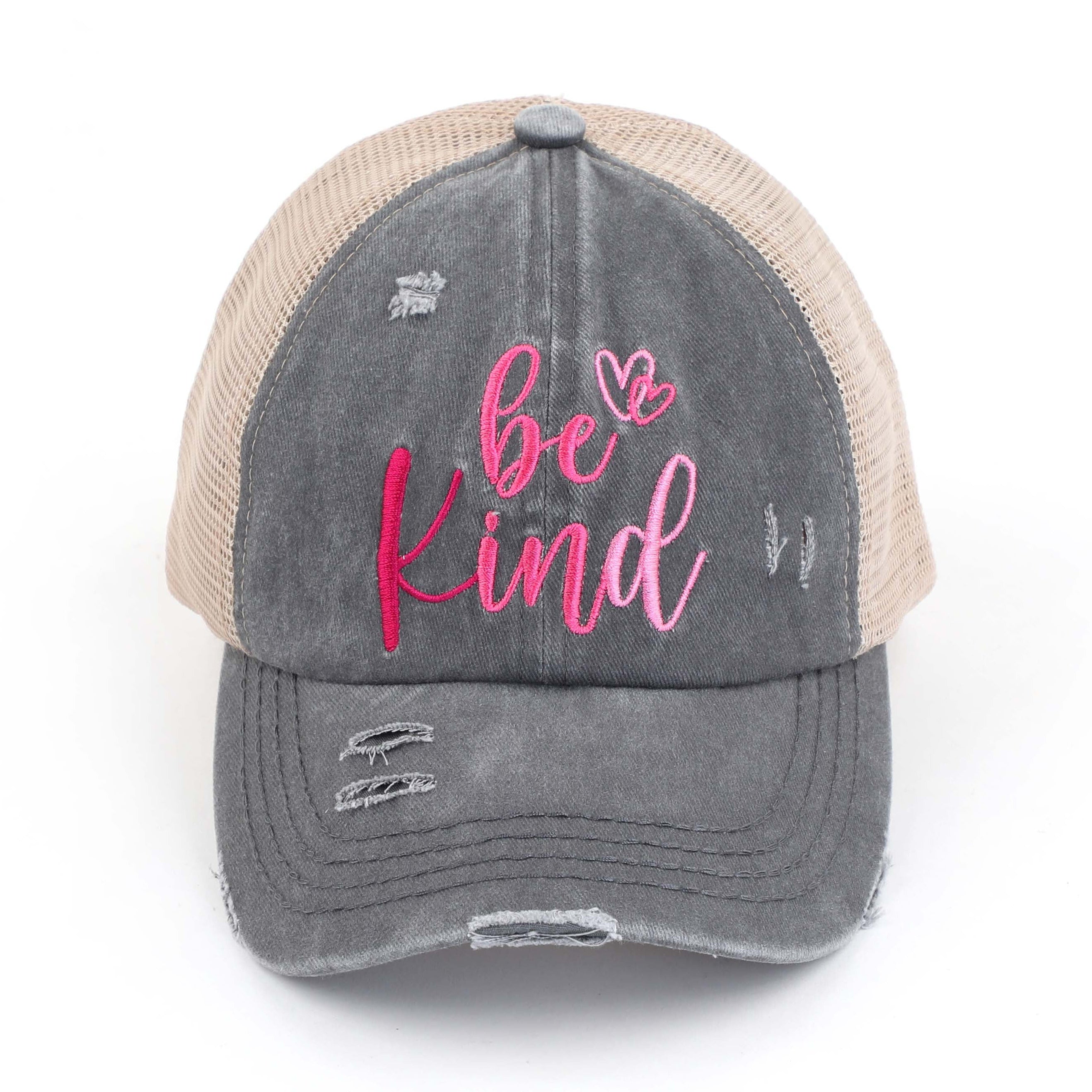 C.C Distressed Embroidered Be Kind Criss-Cross Ponytail Cap