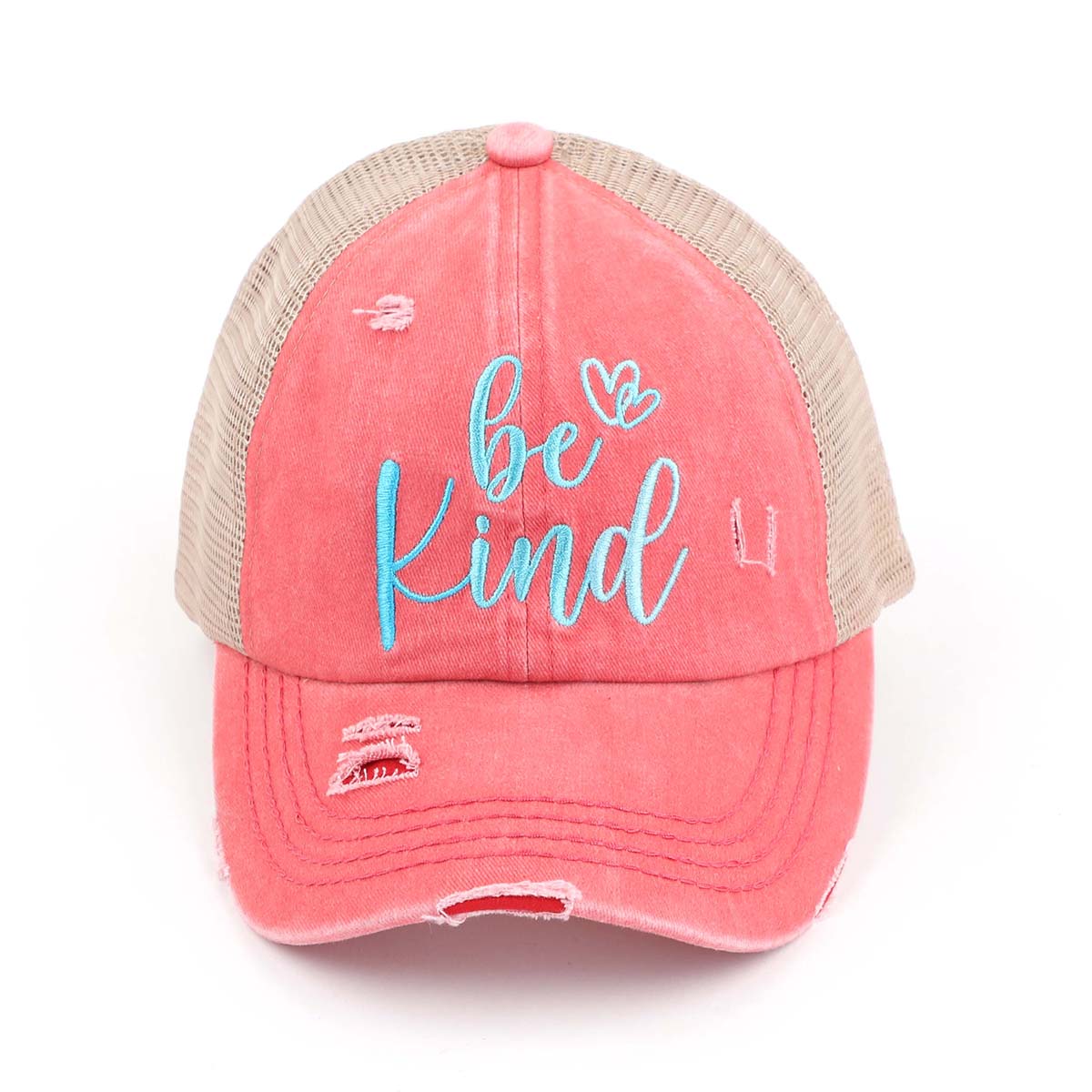 C.C Distressed Embroidered Be Kind Criss-Cross Ponytail Cap