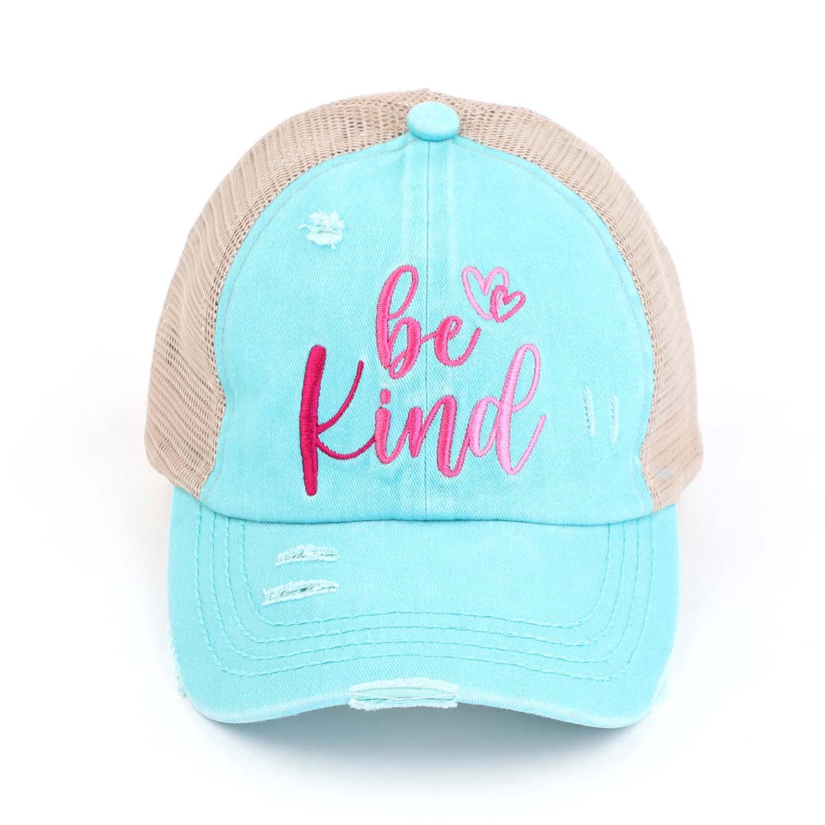 C.C Distressed Embroidered Be Kind Criss-Cross Ponytail Cap