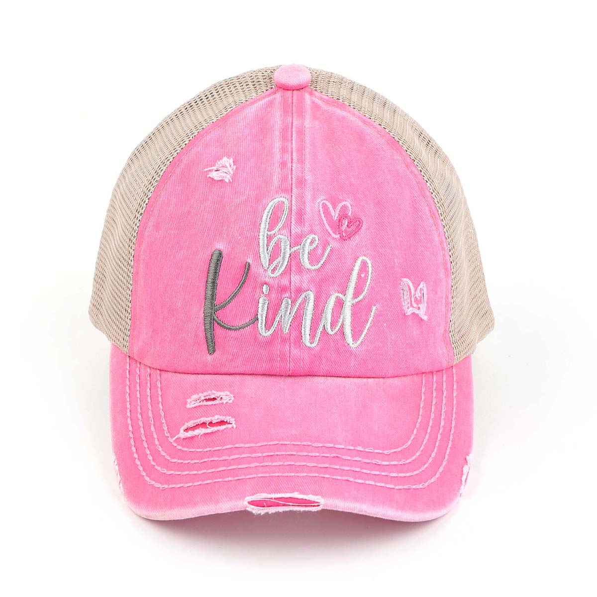 C.C Distressed Embroidered Be Kind Criss-Cross Ponytail Cap