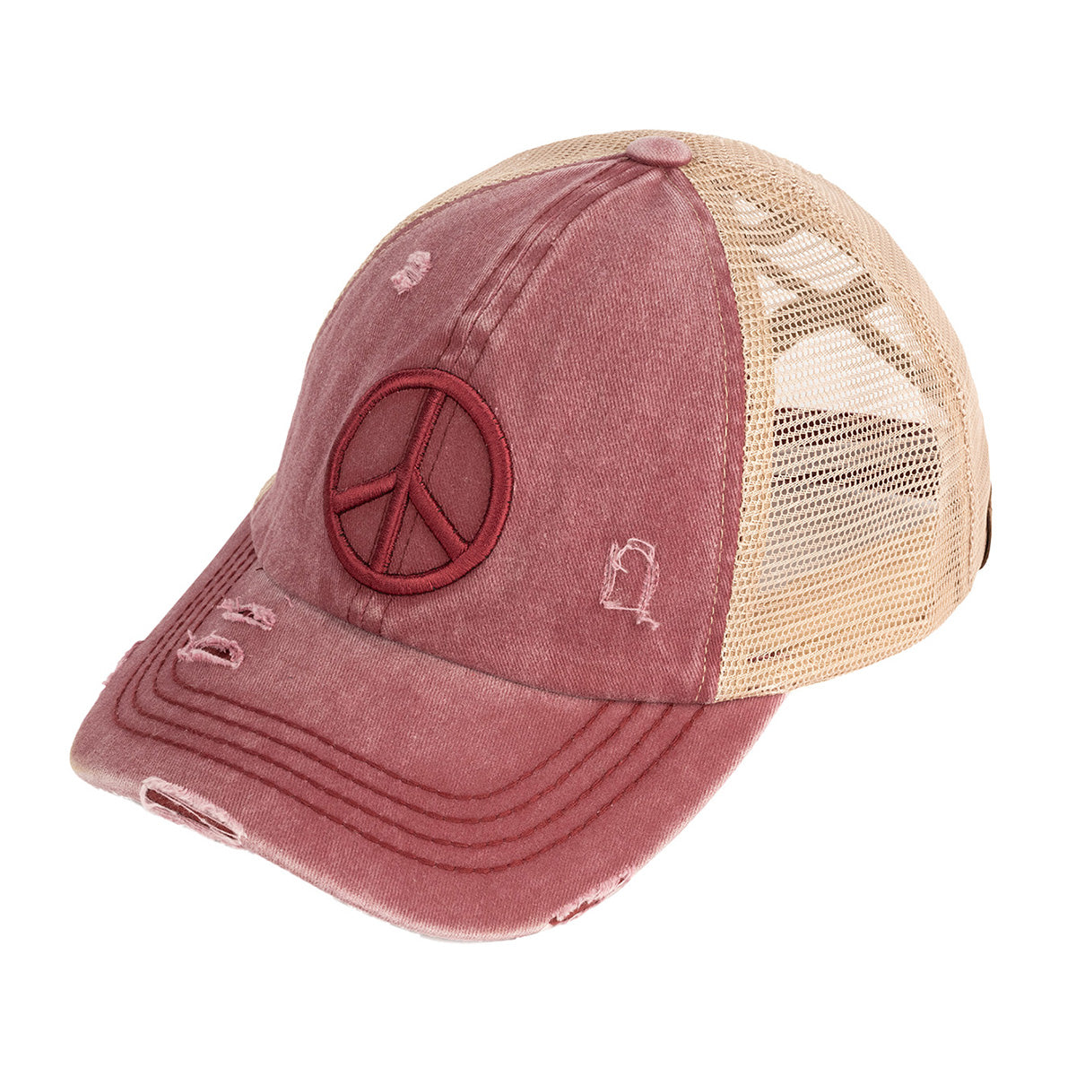 C.C Distressed Peace Sign Criss-Cross Ponytail Baseball Cap