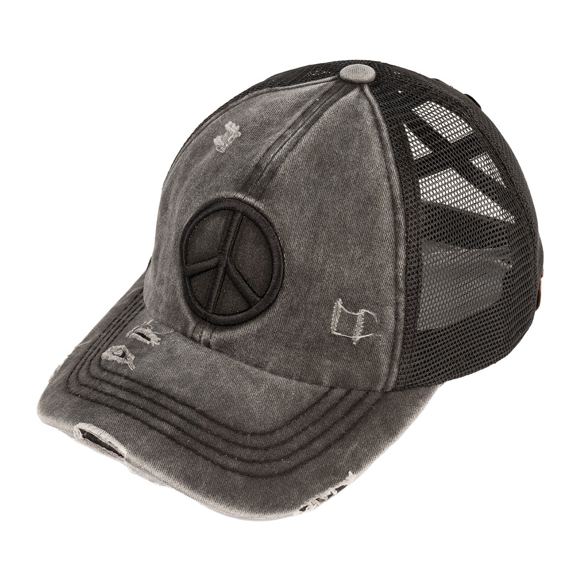 C.C Distressed Peace Sign Criss-Cross Ponytail Baseball Cap