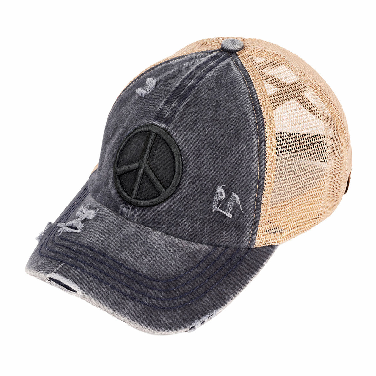 C.C Distressed Peace Sign Criss-Cross Ponytail Baseball Cap