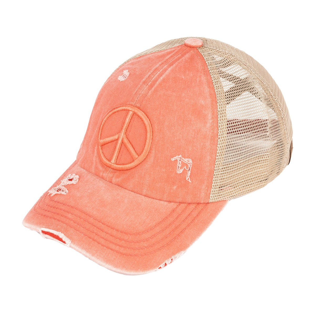 C.C Distressed Peace Sign Criss-Cross Ponytail Baseball Cap