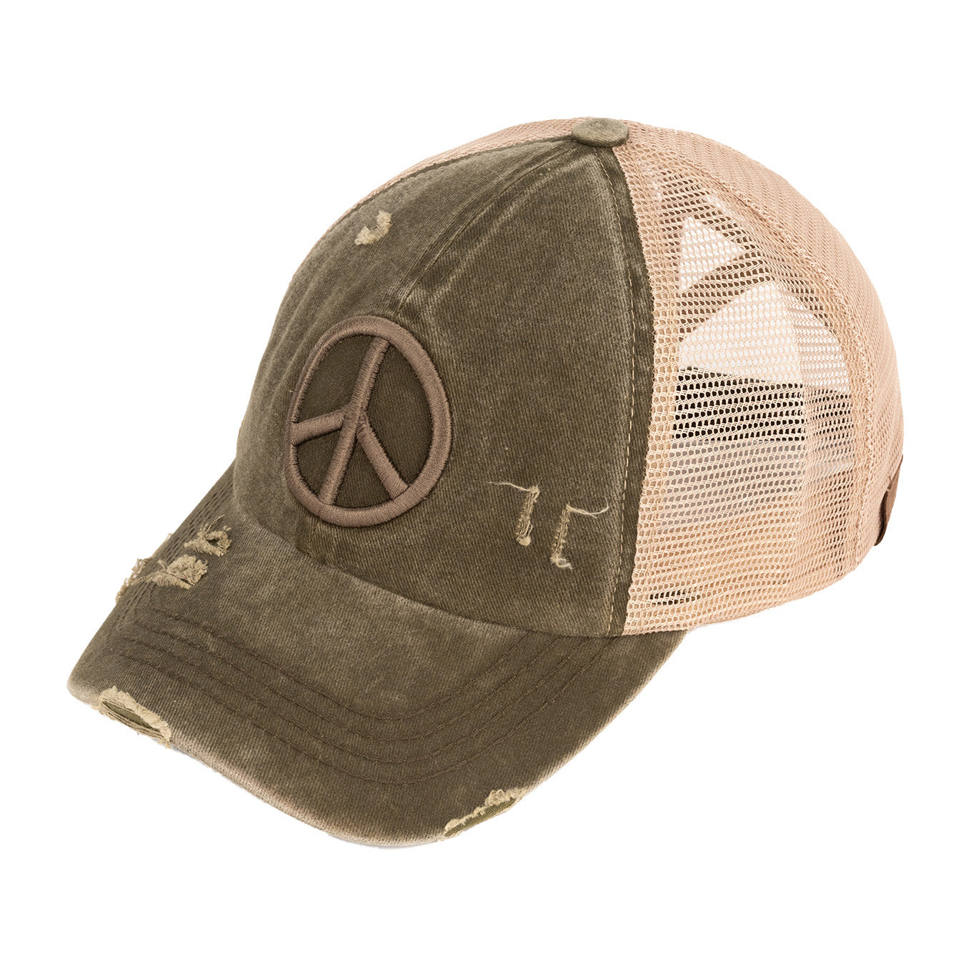 C.C Distressed Peace Sign Criss-Cross Ponytail Baseball Cap