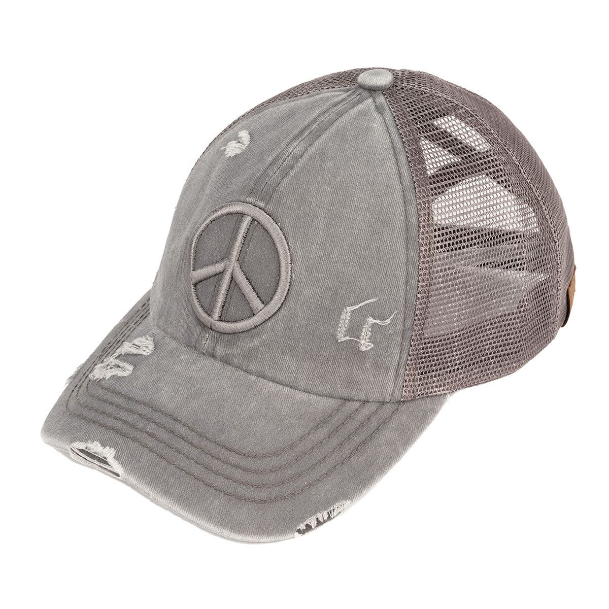 C.C Distressed Peace Sign Criss-Cross Ponytail Baseball Cap