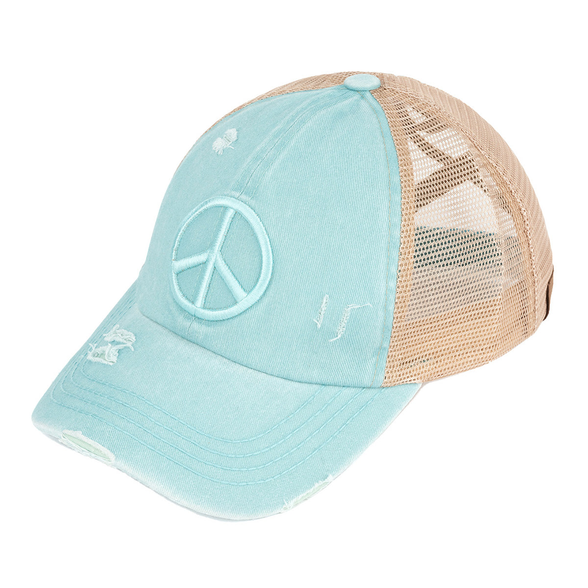 C.C Distressed Peace Sign Criss-Cross Ponytail Baseball Cap