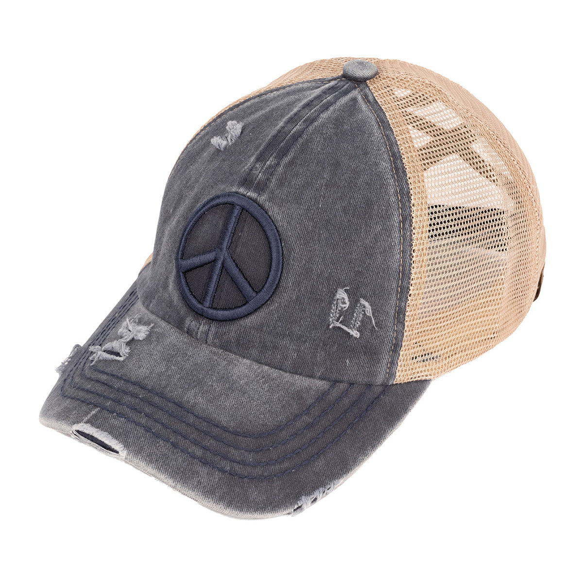 C.C Distressed Peace Sign Criss-Cross Ponytail Baseball Cap