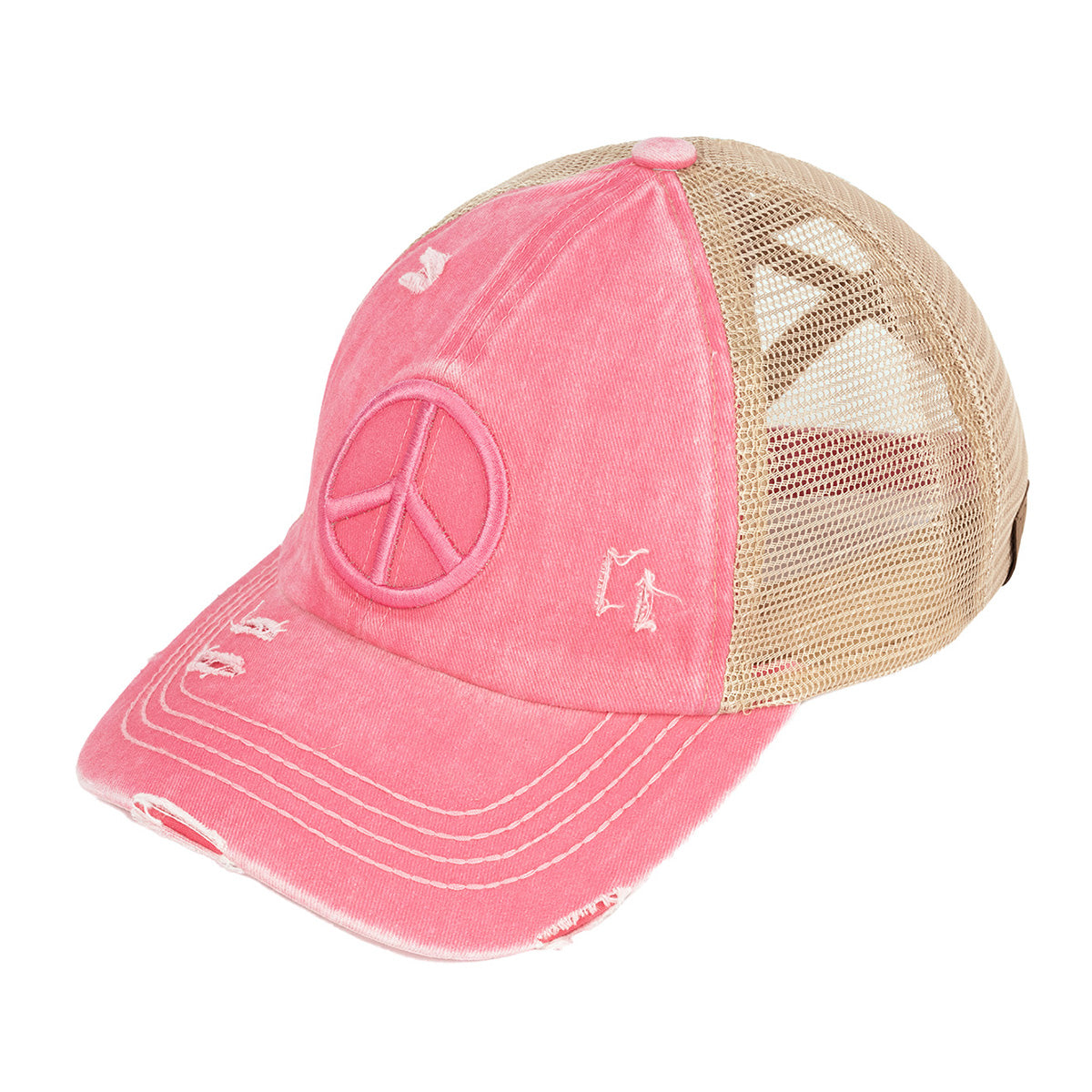 C.C Distressed Peace Sign Criss-Cross Ponytail Baseball Cap