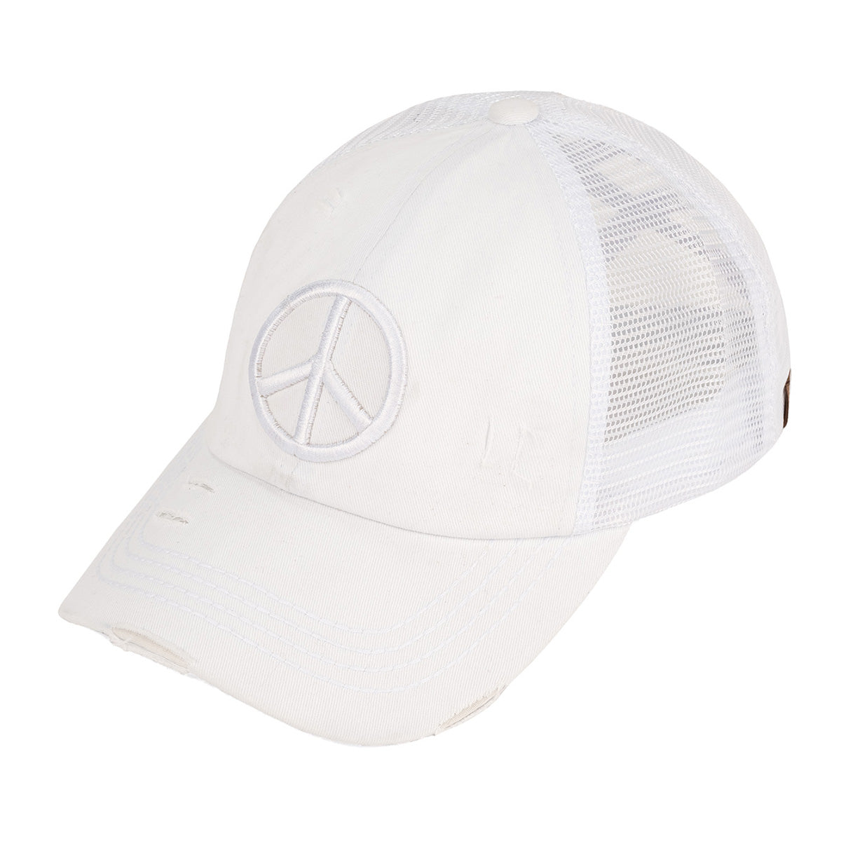 C.C Distressed Peace Sign Criss-Cross Ponytail Baseball Cap