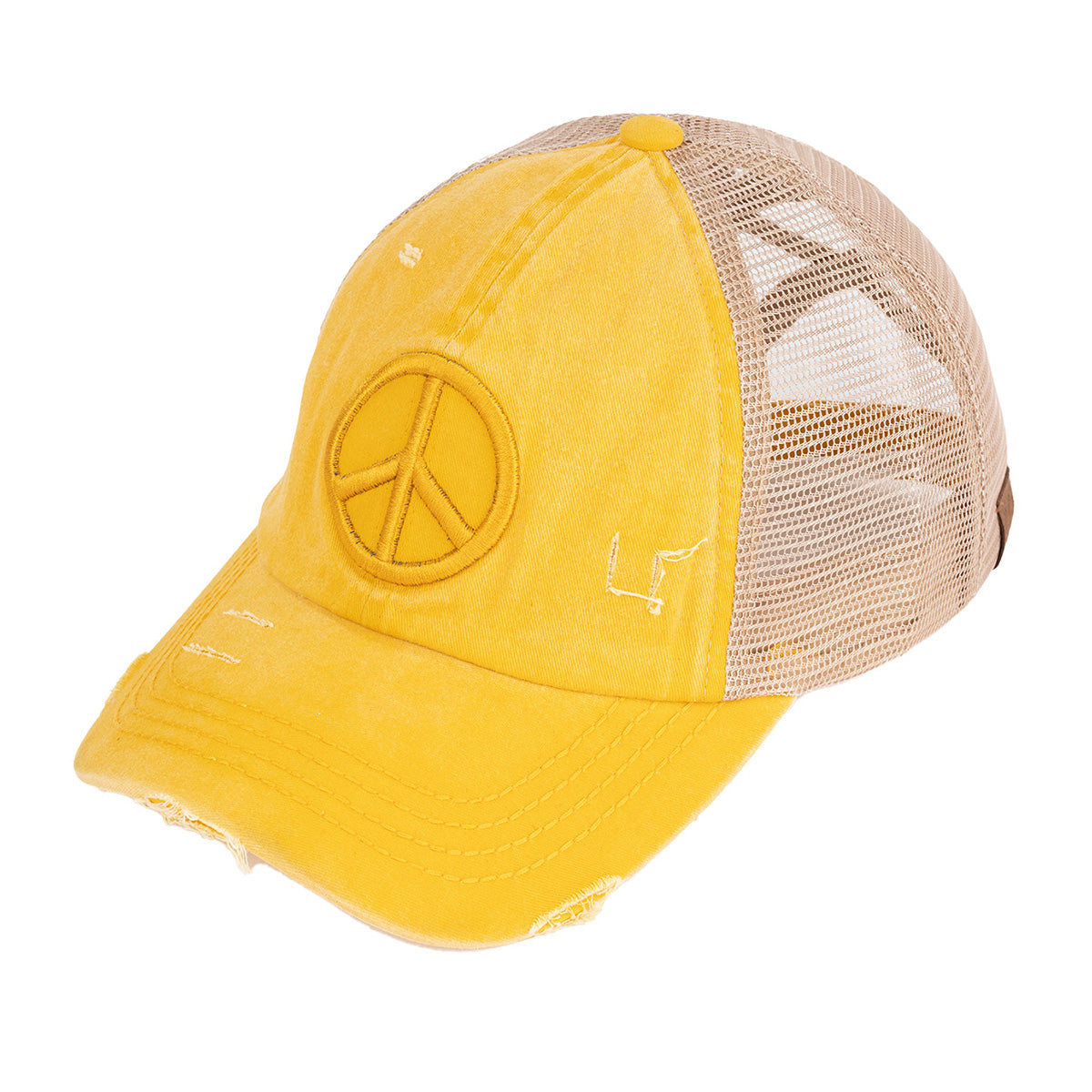 C.C Distressed Peace Sign Criss-Cross Ponytail Baseball Cap