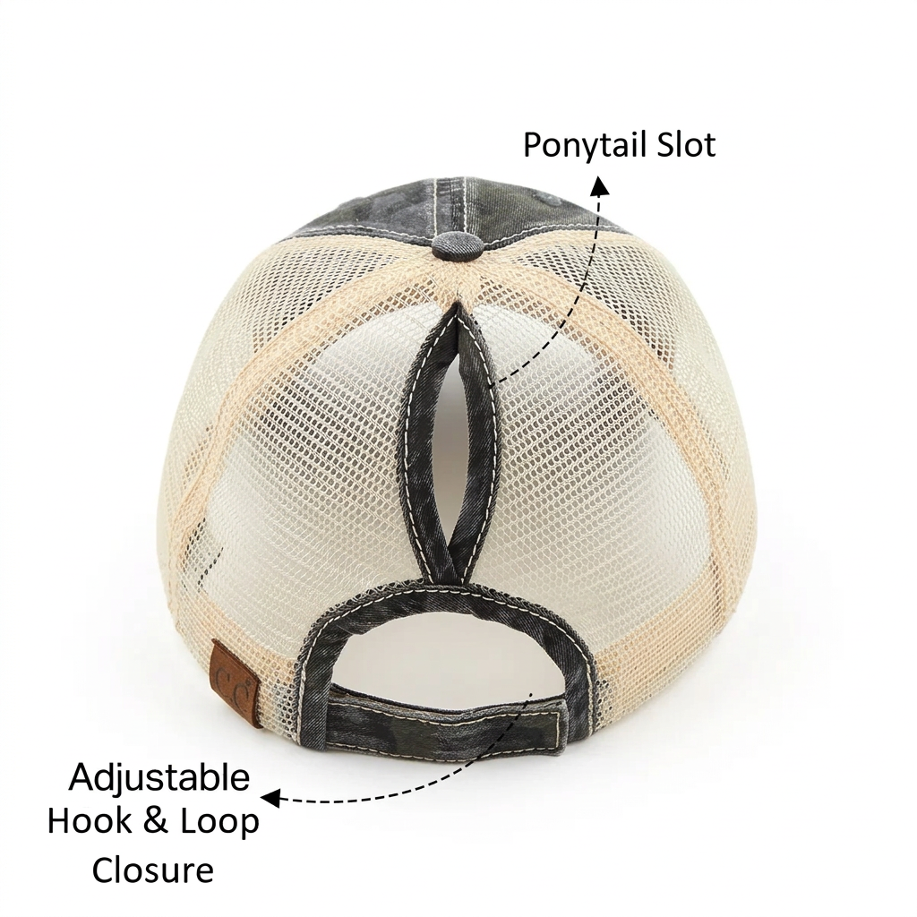 Back view of a trucker-style cap with mesh panels, black leather tag, and text callouts pointing to the ponytail slot and adjustable hook and loop closure.