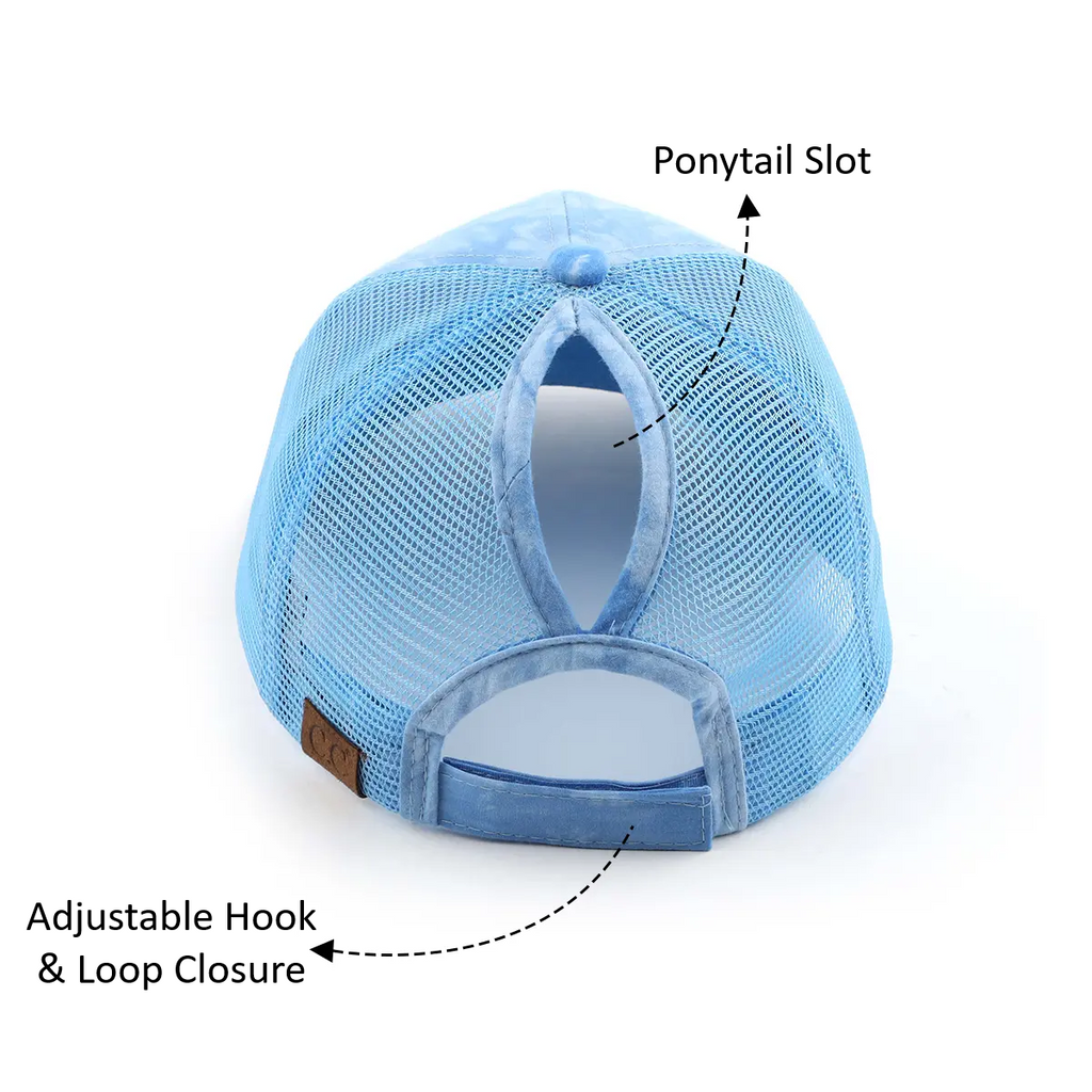 Light blue mesh baseball cap shown from the back with labeled callouts pointing to the ponytail slot and adjustable hook and loop closure.