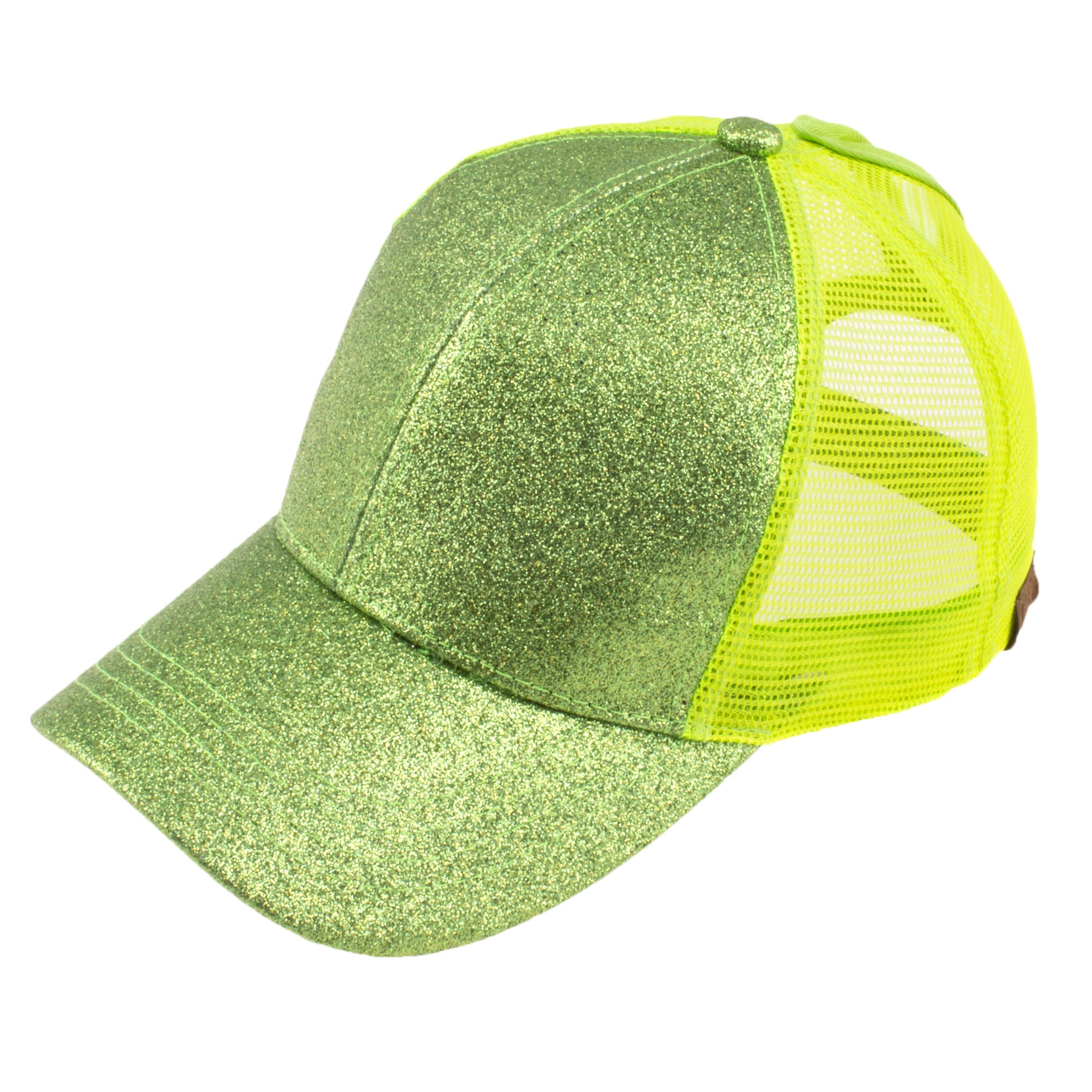 A trucker-style baseball cap with a glittery lime green front panel and brim, and neon yellow-green mesh back panels, shown on a plain white background.